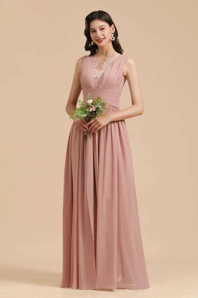 Elegant Dusty Pink Sleeveless Floral Lace Bridesmaid Dress Side Split Party Dress by misshow.com