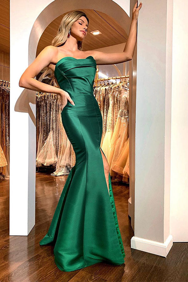 Elegant Emerald Green Sweetheart Mermaid Simple Prom Dresses with High Split