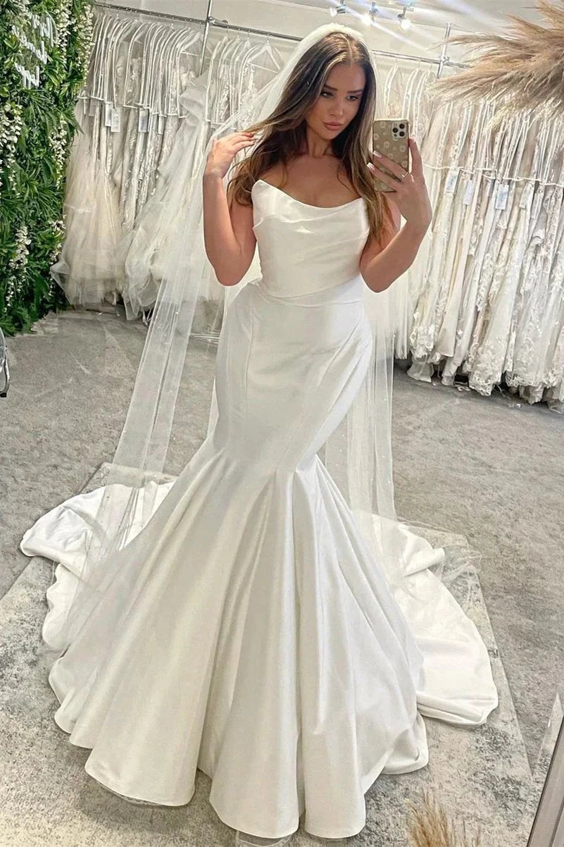 Elegant Floor Length Sleeveless Mermaid Satin Wedding Dress with Ruffles (ZD15766)