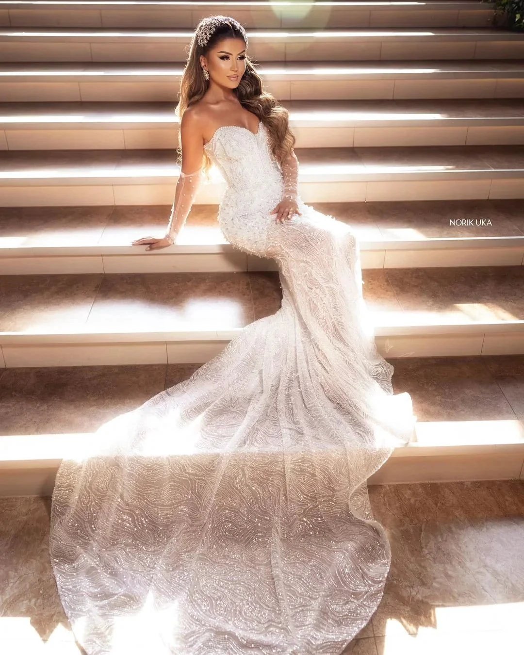 Elegant Floor Length Sweetheart Sleeveless Mermaid Lace Wedding Dress with Beads (ZD14780) - View 6 | VelvetHem
