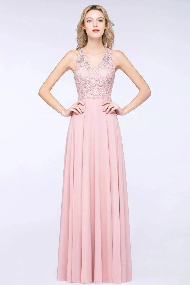 Elegant Floral Appliques aline Bridesmaid Dress Dusty Pink Chiffon FloorLength Formal Dress (ZD13121)