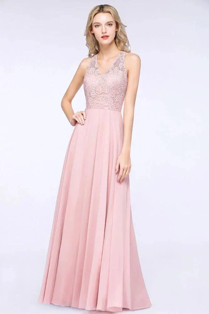 Elegant Floral Appliques aline Bridesmaid Dress Dusty Pink Chiffon FloorLength Formal Dress by misshow.com