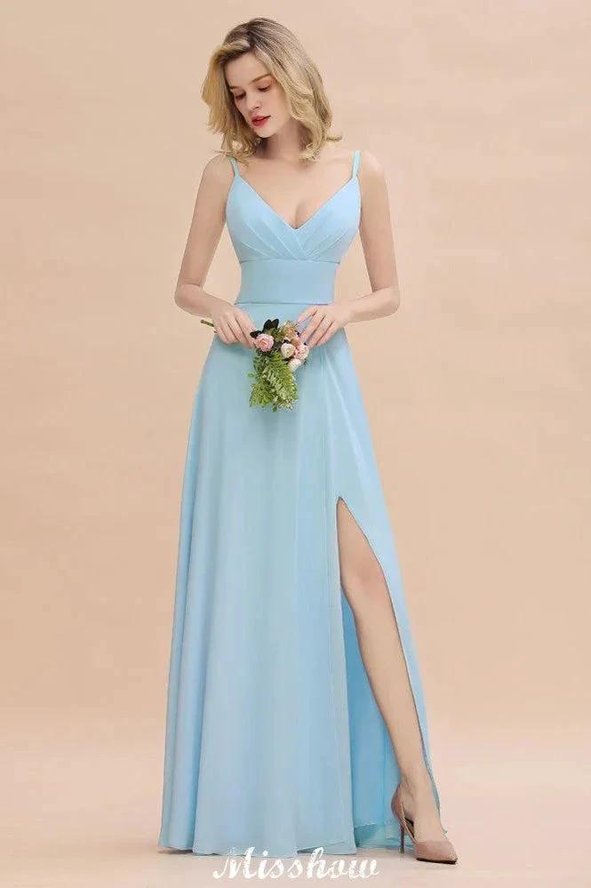 Elegant Front Split Bridesmaid Dress Garden Spaghetti Straps V-neck Floor Length Dress (ZD12893)