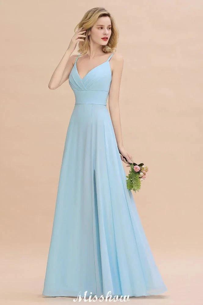 Elegant Front Split Bridesmaid Dress Garden Spaghetti Straps V-neck Floor Length Dress (ZD12893)