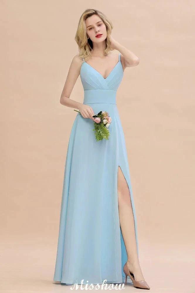 Elegant Front Split Bridesmaid Dress Garden Spaghetti Straps V-neck Floor Length Dress by misshow.com