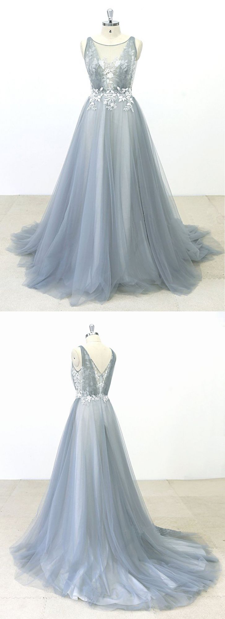 Elegant Gray Tulle Round Neck Beach Wedding Dress Jewel Sweep Train Bridal Gowns On Sale (ZD17450)