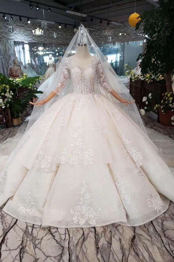 Elegant Half Sleeves Ball Gown Lace Layer Wedding Dress (ZD15353)