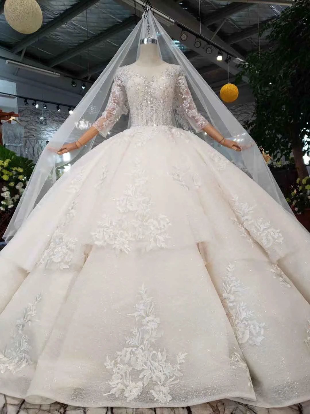 Elegant Half Sleeves Ball Gown Lace Layer Wedding Dress (ZD15353)