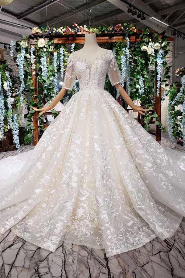Elegant Half Sleeves Ball Gown Lace Sweetheart Wedding Dress (ZD15354)
