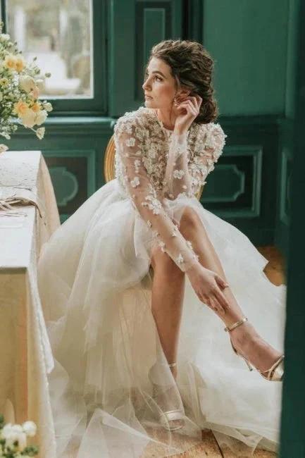 Elegant Hi-lo Lace Tulle Wedding Dresses With Long Sleeves (ZD14530)