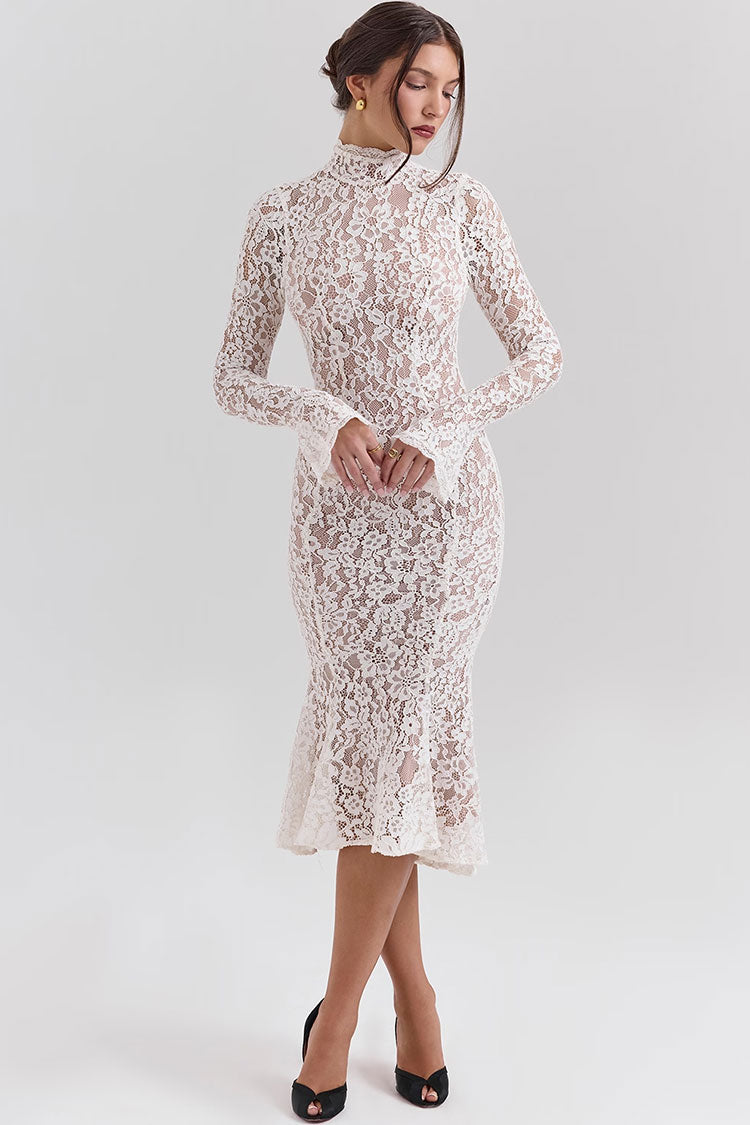 Elegant High Neck Long Sleeve Lace Fishtail Cocktail Party Midi Dress - Fashionpara