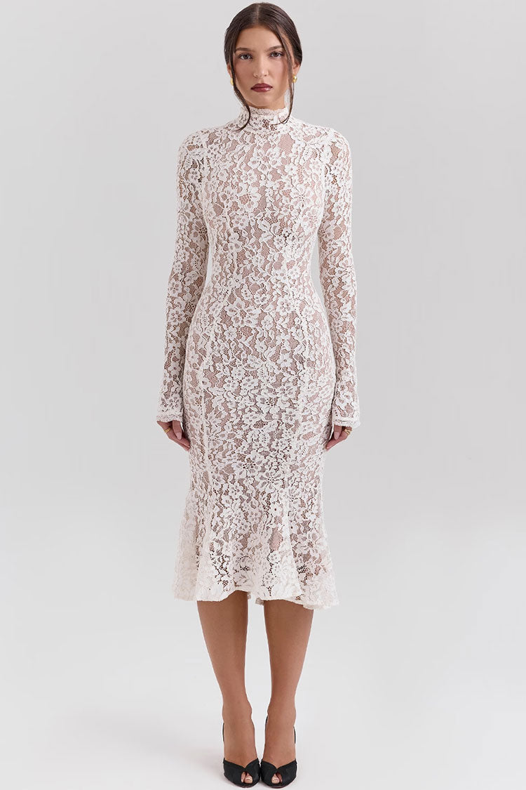 Elegant High Neck Long Sleeve Lace Fishtail Cocktail Party Midi Dress - Fashionpara