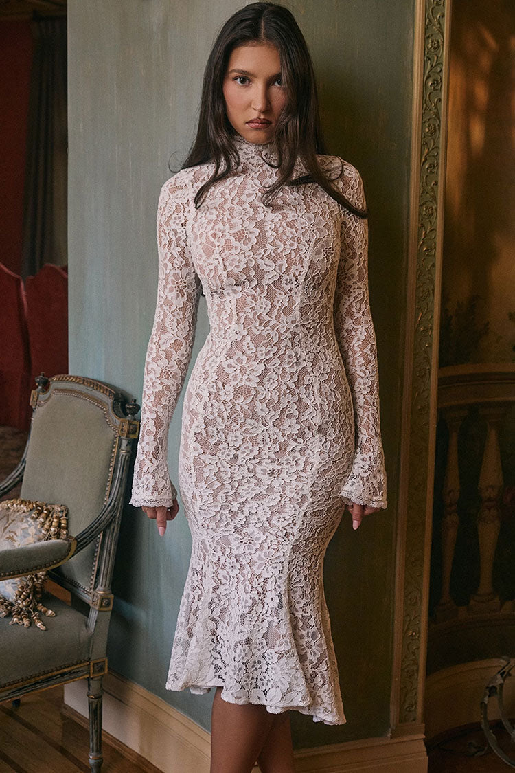 Elegant High Neck Long Sleeve Lace Fishtail Cocktail Party Midi Dress - Fashionpara