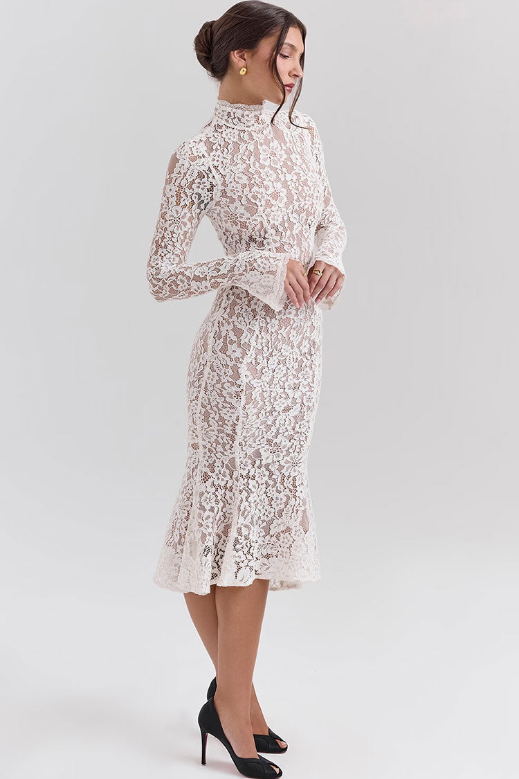 Elegant High Neck Long Sleeve Lace Fishtail Cocktail Party Midi Dress - Fashionpara