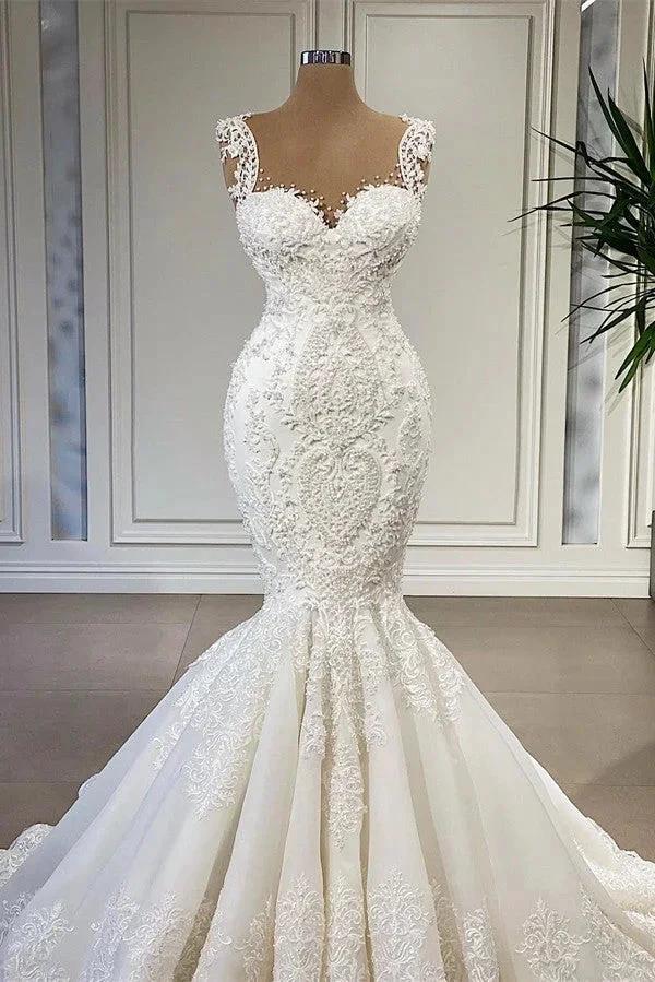 Elegant Ivory Long Mermaid Sweetheart Ruffles Lace Wedding Dresses (ZD16706)