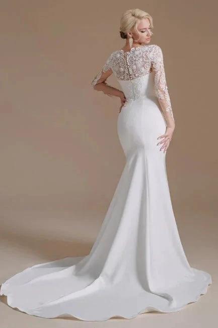 Elegant Jewel Long-Sleeve Mermaid Floor-Length Satin Wedding Dresses with Pattern (ZD16561)