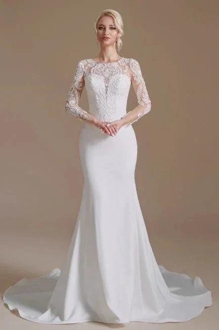Elegant Jewel Long-Sleeve Mermaid Floor-Length Satin Wedding Dresses with Pattern (ZD16561)
