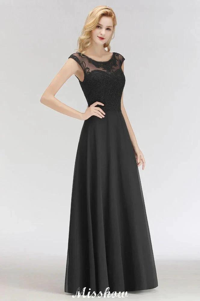 Elegant Jewel Sleeveless floor-Length A-line Lace Black Bridesmaid Dress (ZD12944)