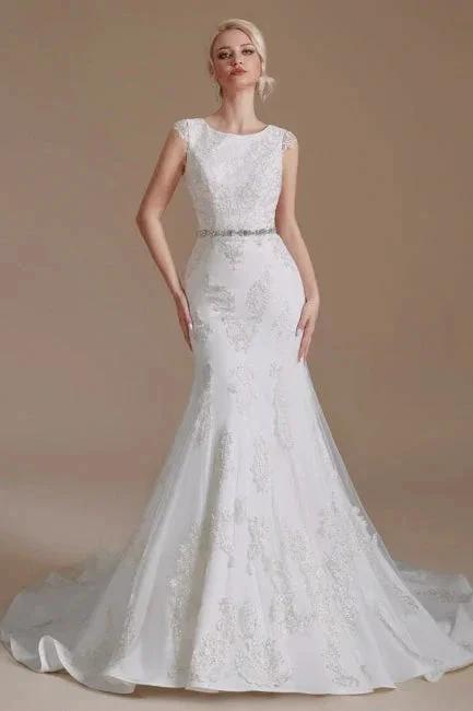 Elegant Jewel Sleeveless Mermaid Floor-Length Satin Wedding Dresses with Lace (ZD14659) - View 2 | VelvetHem