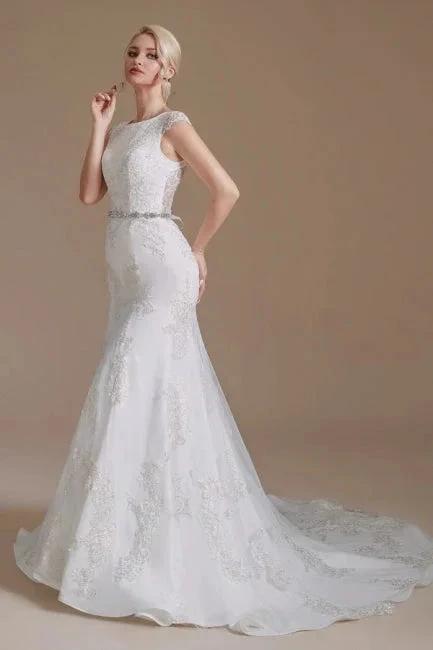 Elegant Jewel Sleeveless Mermaid Floor-Length Satin Wedding Dresses with Lace (ZD14659)