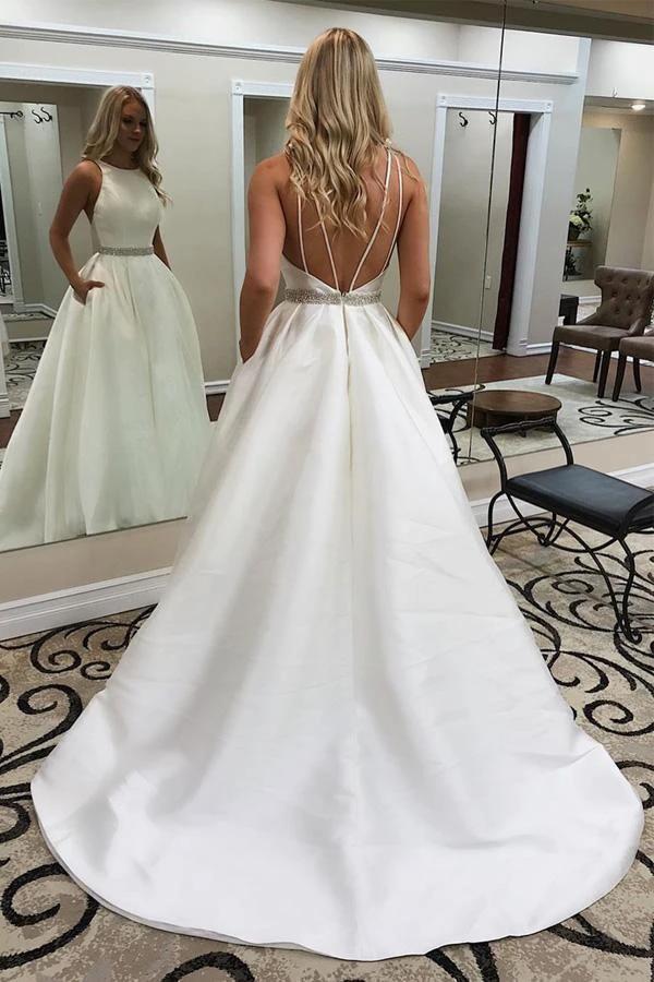 Elegant Jewel Sleeveless Sweep Train Wedding Dress with Pockets (ZD15284)