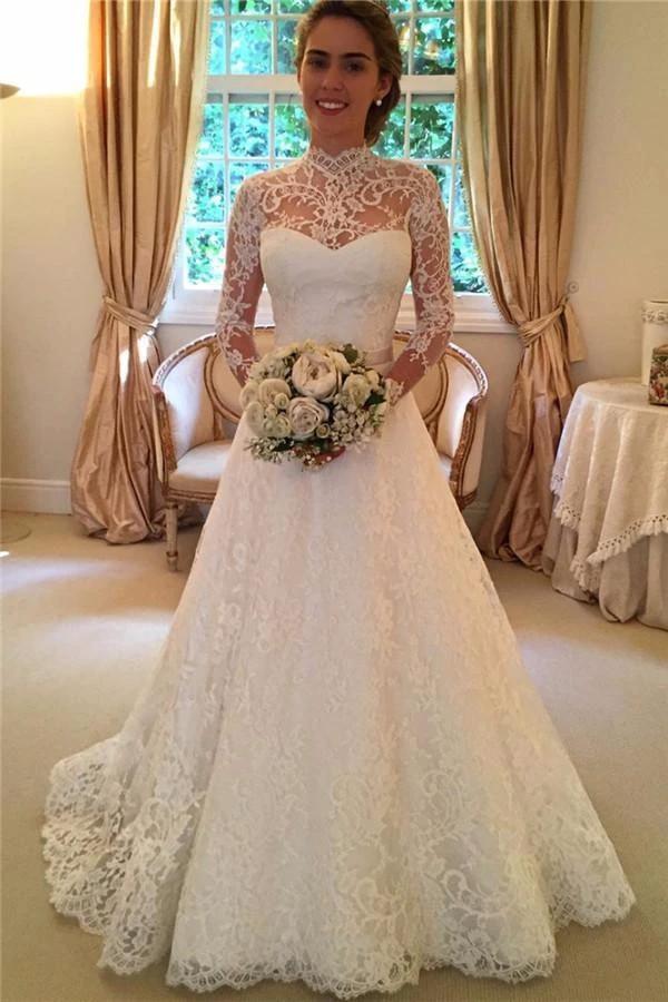 Elegant Lace A-line Long Sleeve High Neck Wedding Dresses (ZD16380)