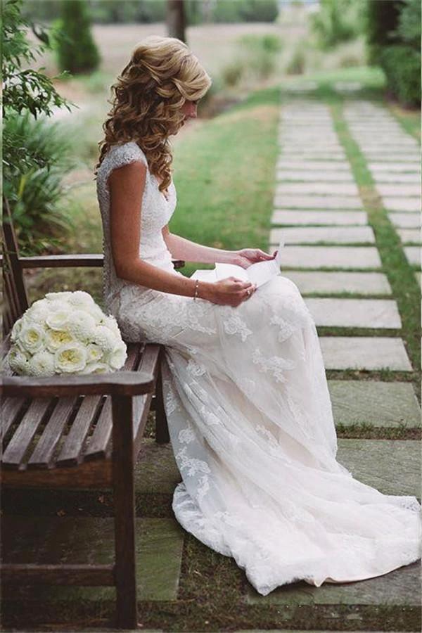 Elegant Lace Appliques Wedding Dress With Zipper Button WD048 by pgmdress