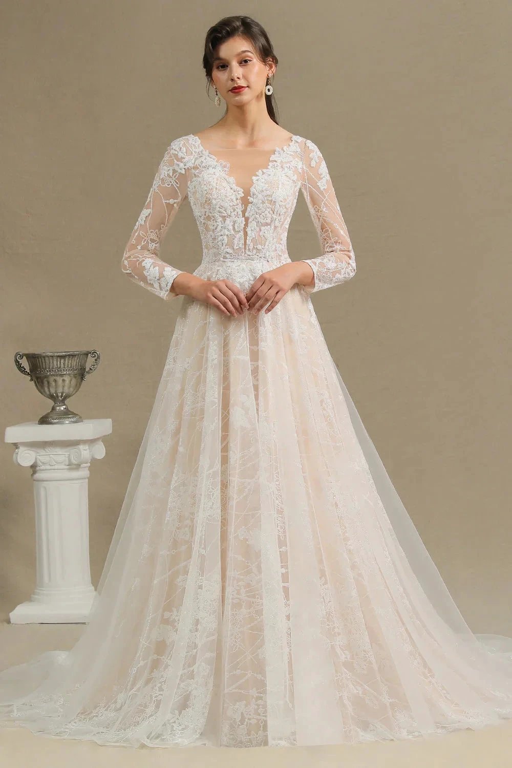Elegant Lace Deep V-neck Wedding Dress Long Sleeve Floor Length Bridal Gowns (ZD13777)