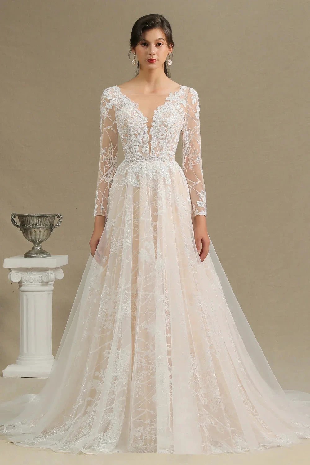 Elegant Lace Deep V-neck Wedding Dress Long Sleeve Floor Length Bridal Gowns by misshow.com