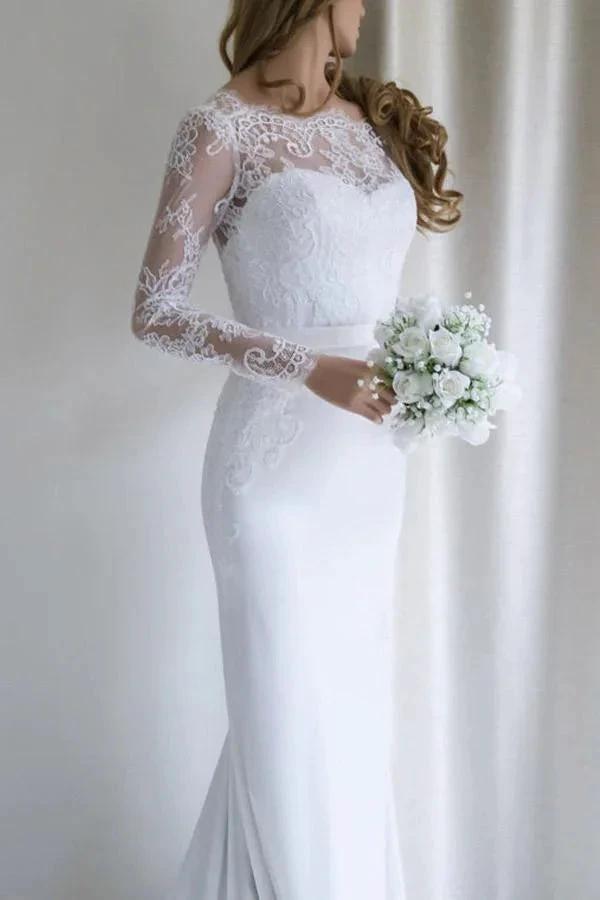 Elegant Lace Long Sleeves Mermaid White Long Wedding Dress with Train (ZD16300)