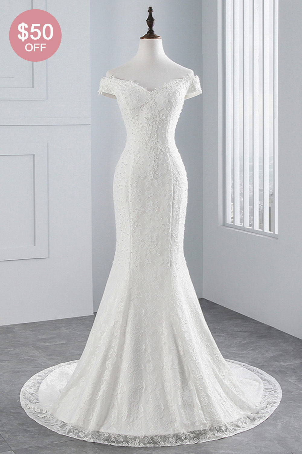 Elegant Lace Off-the-Shoulder White Mermaid Wedding Dresses Affordable (ZD17419)