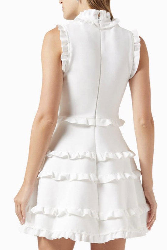 Elegant Layered Ruffle High Neck A Line Sleeveless Bandage Party Mini Dress - White
