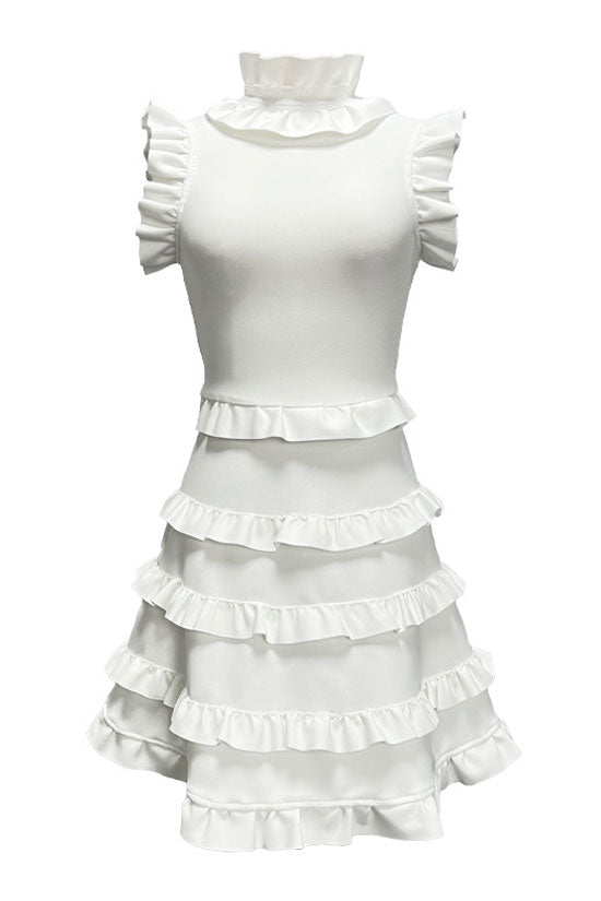Elegant Layered Ruffle High Neck A Line Sleeveless Bandage Party Mini Dress - White