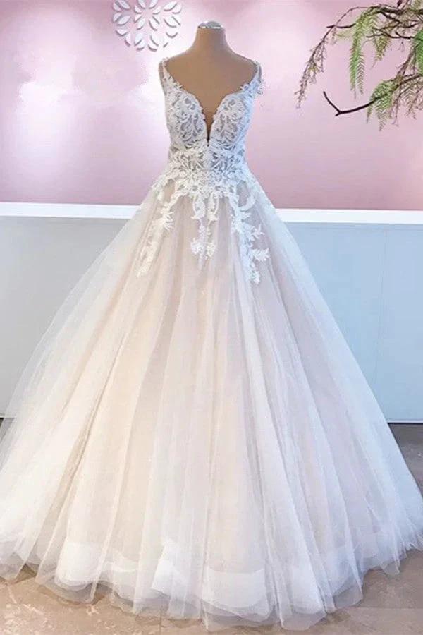 Elegant Long A-Line Appliques Lace Tulle Sweetheart Backless Wedding Dress (ZD15239)