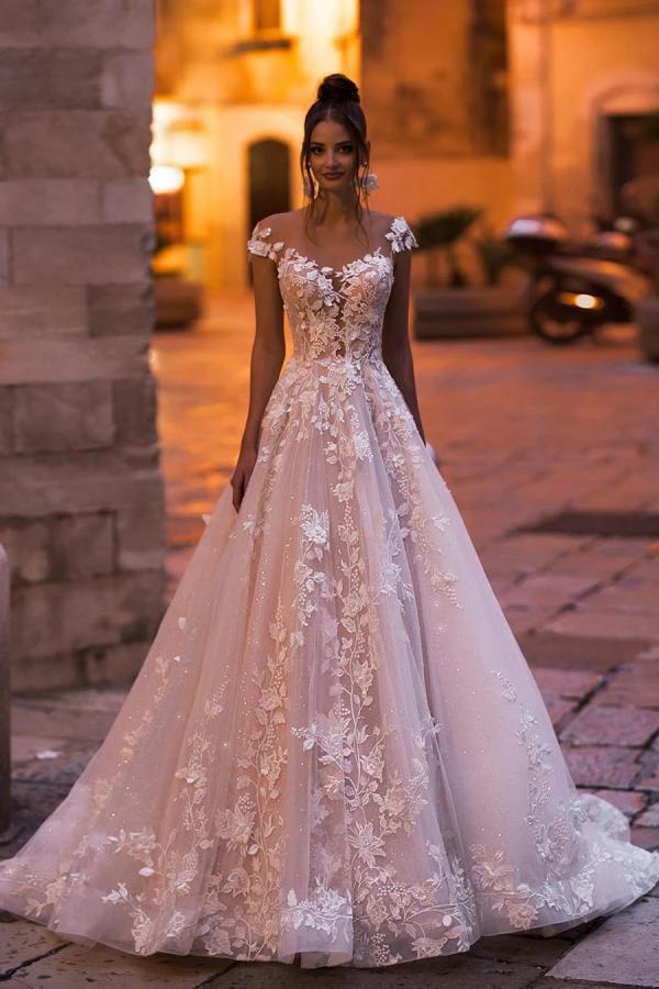 Elegant Long A-Line Bateau Appliques Lace Backless Sequins Wedding Dress (ZD15178)