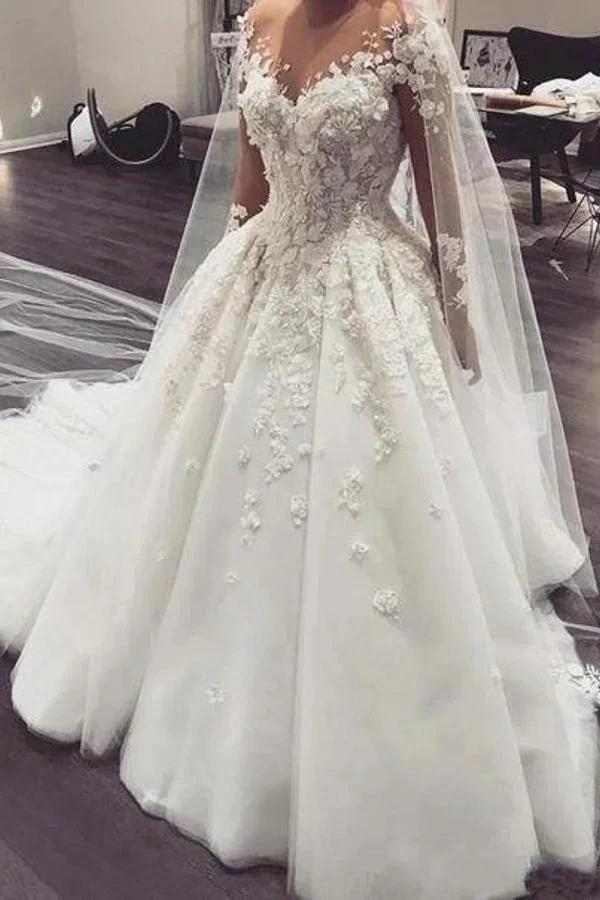 Elegant Long A-Line Bateau Appliques Lace Wedding Dress with Sleeves (ZD14285)
