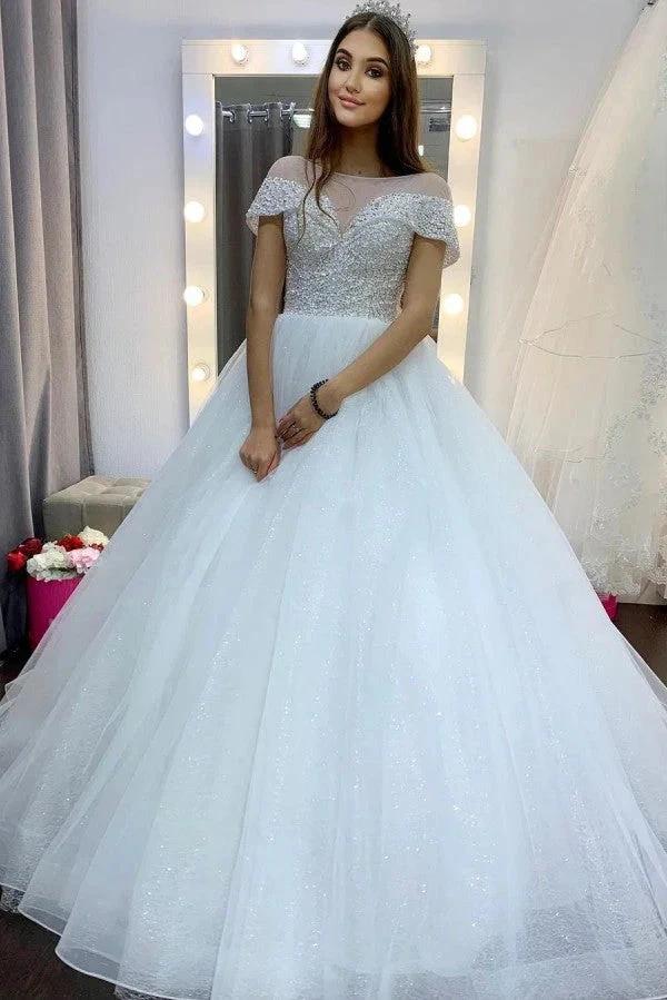 Elegant Long A-Line Bateau Sequins Crystal Tulle Train Wedding Dress with Sleeves (ZD15084)