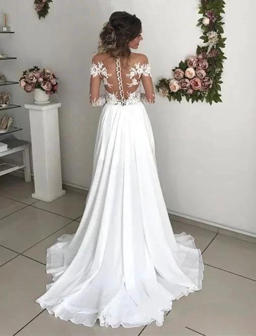 Elegant Long A-line Chiffon Lace Long Sleeves Wedding Dress with Slit (ZD14459) - View 2 | VelvetHem