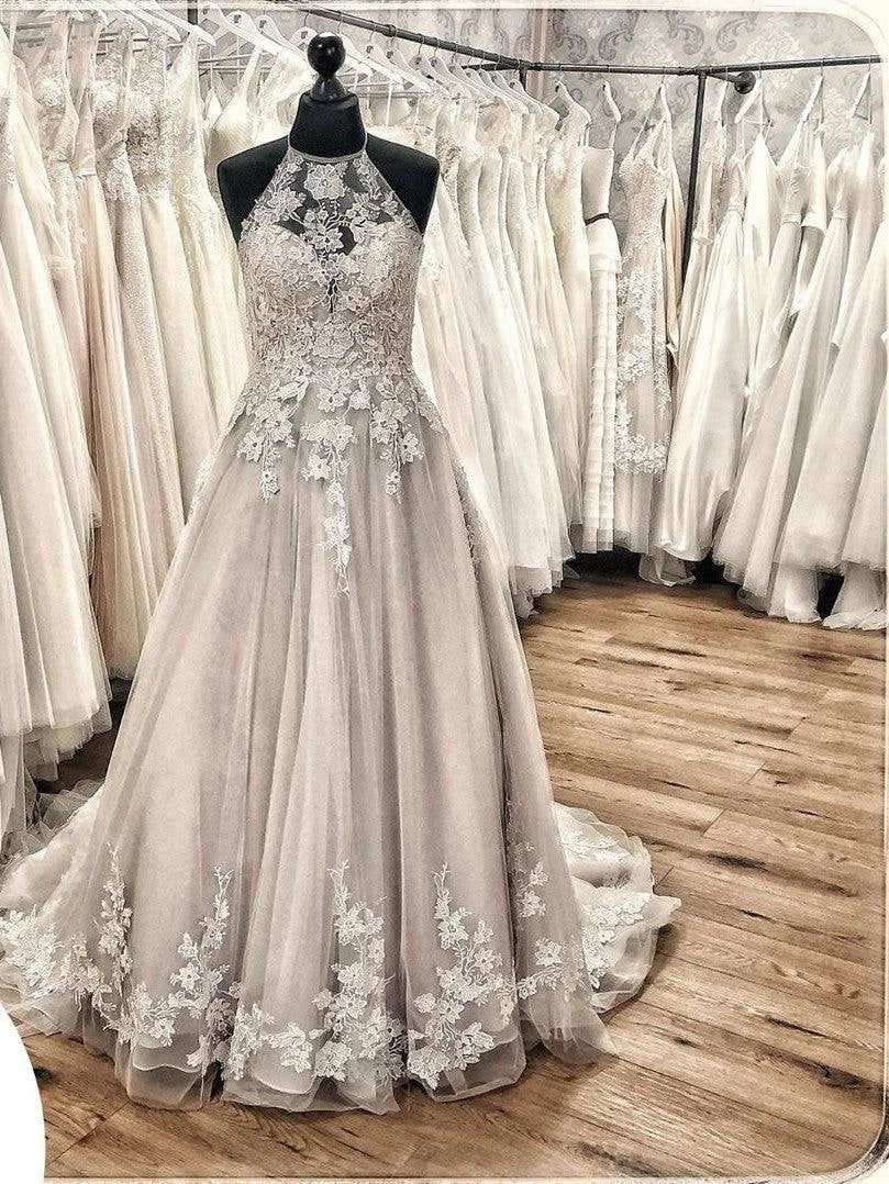 Elegant Long A-line Halter Backless Appliques Lace Tulle Ruffles Train Wedding Dress (ZD15097)