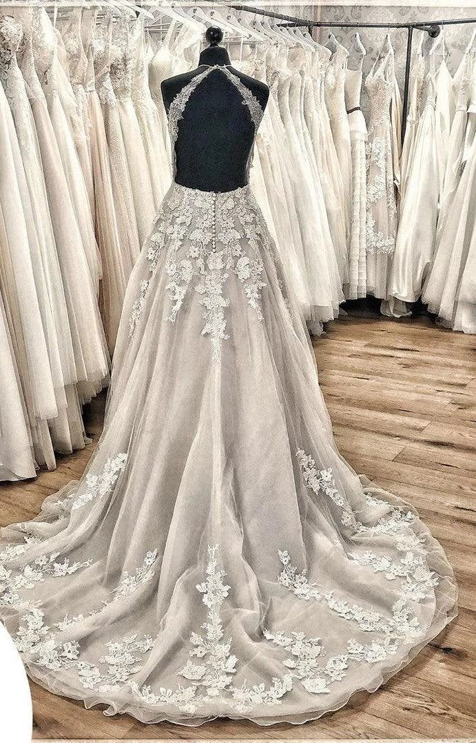 Elegant Long A-line Halter Backless Appliques Lace Tulle Ruffles Train Wedding Dress (ZD15097)
