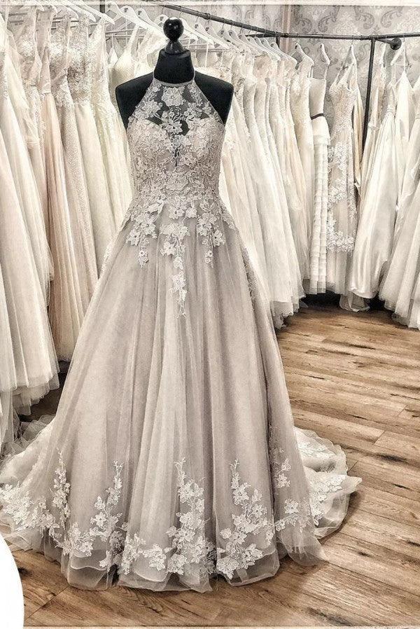 Elegant Long A-line Halter Backless Appliques Lace Tulle Ruffles Train Wedding Dress (ZD15097)