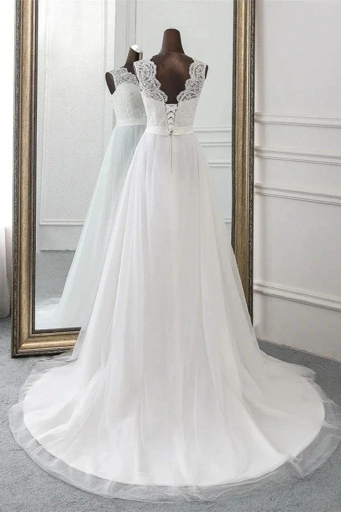 Elegant Long A-line Jewel Tulle Appliques Lace Wedding Dress (ZD15154)