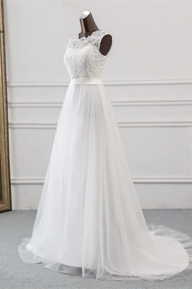 Elegant Long A-line Jewel Tulle Appliques Lace Wedding Dress (ZD15154)