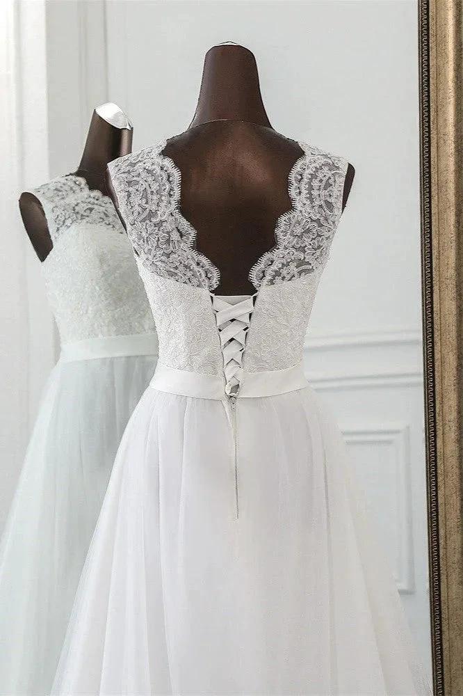 Elegant Long A-line Jewel Tulle Appliques Lace Wedding Dress (ZD15154)