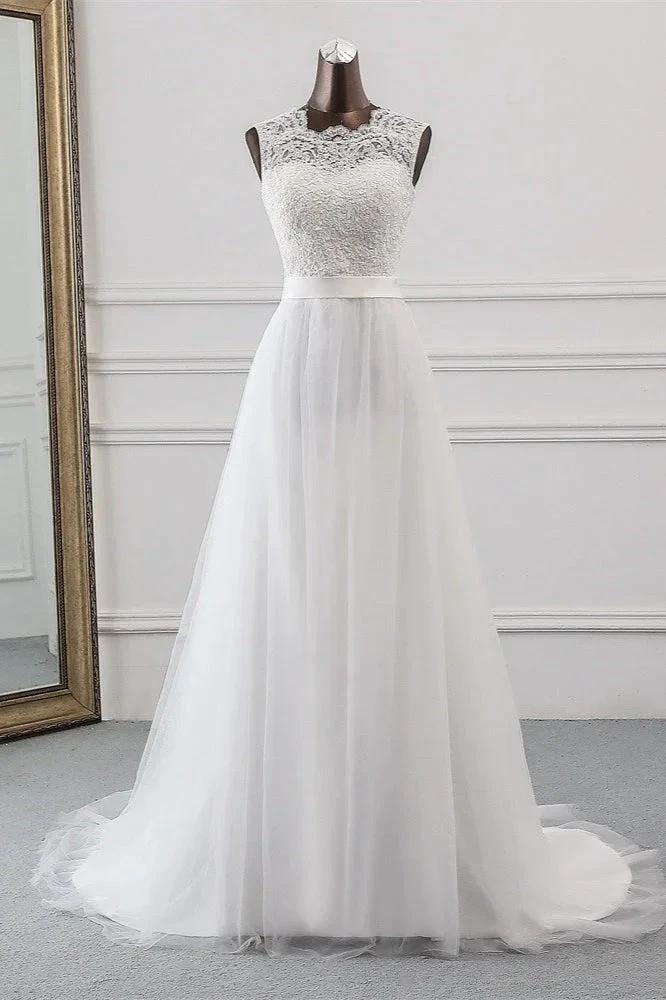 Elegant Long A-line Jewel Tulle Appliques Lace Wedding Dress (ZD15154)