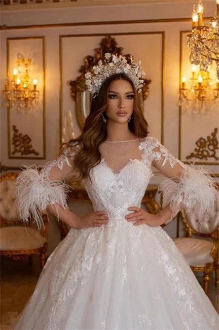Elegant Long A-line Lace Appliques Tulle Wedding Dresses With Sleeves (ZD14951)