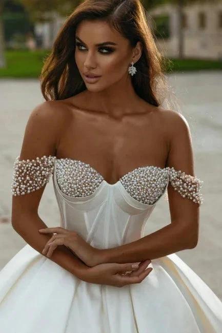 Elegant Long A-line Off-the-shoulder Sleeveless Wedding Dresses With Beads (ZD14966)