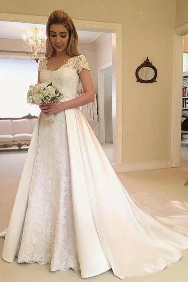 Elegant Long A-line Satin Lace Wedding Dress with Sleeves (ZD14439)