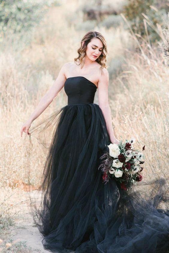 Elegant Long A-line Strapless Tulle Black Wedding Dress (ZD15125)