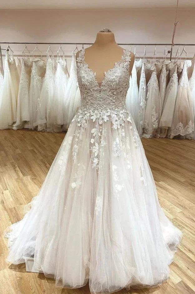 Elegant Long A-Line Sweetheart Appliques Lace Tulle Wedding Dress (ZD15226)